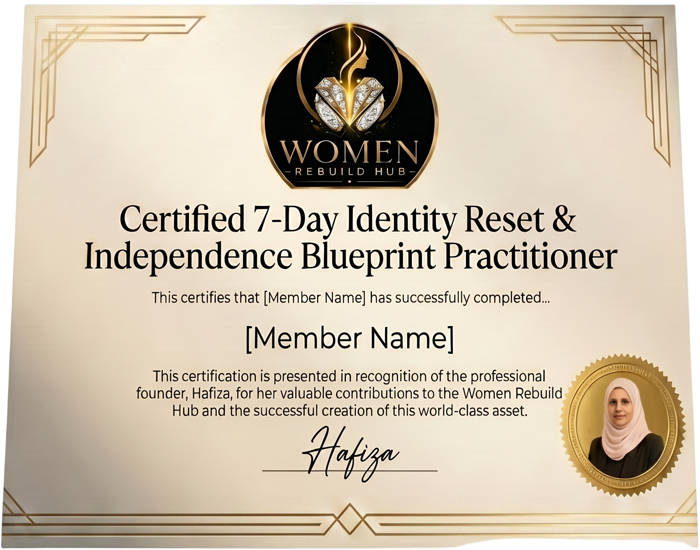 Certified 7-Day Identity Reset & Independence Blueprint Practitioner certificate, signed by Hafiza